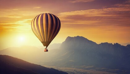 hot air balloon above high mountain at sunset filtered background