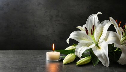 Obraz na płótnie Canvas beautiful lily and burning candle on dark background with space for text funeral white flowers