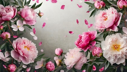 lovely flying pink peonies overlay frame with falling petals on background
