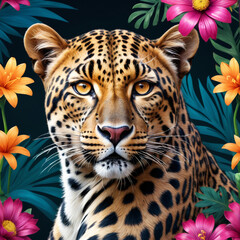 illustration of a portrait of a leopard, exotic flowers planty background, ready to print, digital art 
