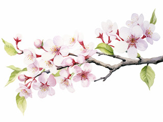 Sakura Branch in Bloom with Green Leaves. Illustration of Blooming Sakura Cherry Flower Branch with Leaf Isolated on White.