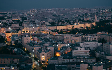 Night Jerusalem aerial view. Old city and Jaffa street
