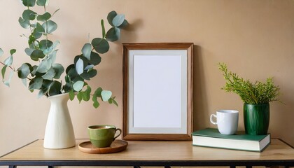 empty wooden picture frame poster mockup hanging on beige wall background vase with green eucalyptus tree branches on table cup of coffee books working space home office