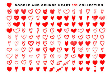 Big Collection of Doodle and Grunge Hearts in different style. Set of hand-drawn hearts. Heart shape illustration set. Isolated on background. hand drawn love hearts. Vector. EPS