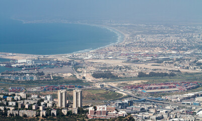 Haifa, Israel, top view: sea coast and living neighborhoods