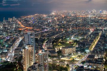 Bat Yam, Israel night areal view. City lights and living areas