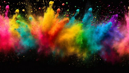 colorful rainbow holi paint color powder explosion garland banner dark black wide panorama background peace rgb beautiful party concept - obrazy, fototapety, plakaty