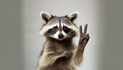 portrait of a funny raccoon showing a sign peace on white background