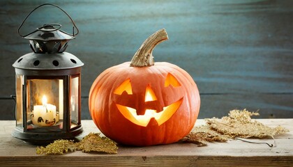 halloween pumpkin with lantern on wooden