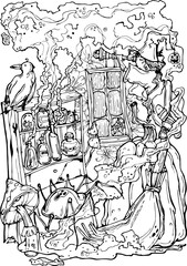 vector illustration ,coloring book,sketch for children and adults,autumn holiday Halloween,little witch on a broom,cabinet with bottles for witchcraft,fly and spider,fun holiday