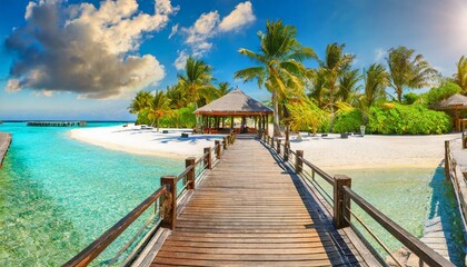 maldives island beach panorama palm trees and beach bar and long wooden pier pathway tropical vacation and summer holiday background concept - obrazy, fototapety, plakaty
