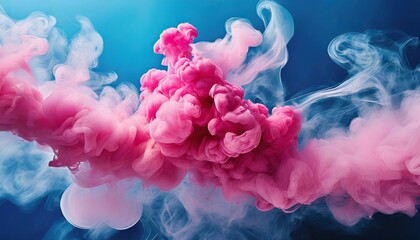 Fototapeta na wymiar puffs of pink smoke in front of a blue background stock photo in the style of bold color blobs resin juxtaposed imagery realistic hyper detail