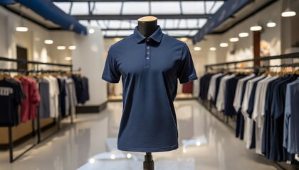 dark blue polo shirt worn on a mannequin in a minimalist style with a clothing store background generative ai - obrazy, fototapety, plakaty
