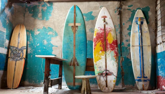 vintage surfing boards with cracked paint interior restaurants background