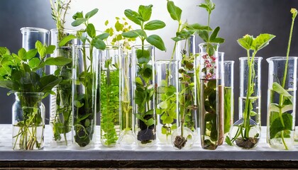 many green plants in test tubes generative ai