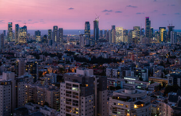 Naklejka premium israeli cities Tel Aviv and Ramat Gan top view at the sunset