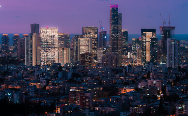 Fototapeta premium Ramat Gan and Tel Aviv skyscrapers skyline at evening