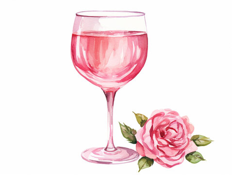 Glass of Rose Wine with Roses Around. Watercolour Illustration of Red or Pink Rose Wine Glass  with Steam of Rose with Leaves Isolated on White.
