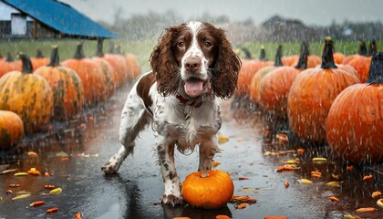 full length portrait photography of a funny english springer spaniel playing in the rain against pumpkin patches background with generative ai technology - obrazy, fototapety, plakaty