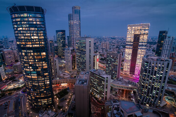 Ramat Gan night aerial view. Israeli downtown Bursa