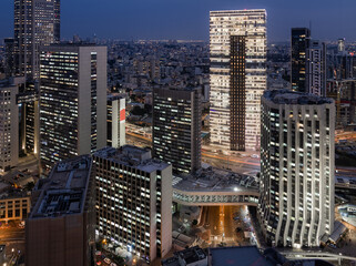 Ramat Gan dark aerial view. Israeli downtown Bursa