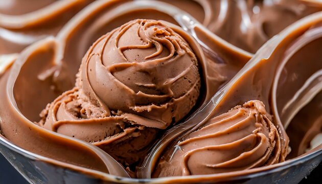 a macro image of a texture of brown chocolate ice cream with swirls close up generative ai technology