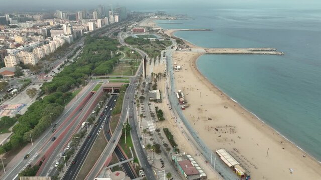 day time barcelona city traffic street road beach bay park aerial panorama 4k spain