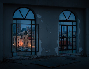Jaffa Clock Tower in Tel Aviv - view throught the window of the abandoned building