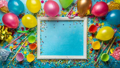 multicolored carnival or birthday background on blue with a frame of colorful party balloons streamers confetti and candy