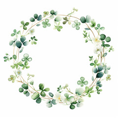St Patricks Day Background with Shamrock, Circle Banner with Lucky Clover Leaves. Watercolour Illustration of Clover Wreath Isolated on White.