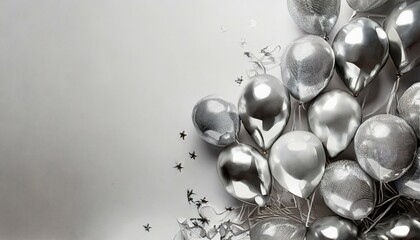 silver balloons on a white background with copy space