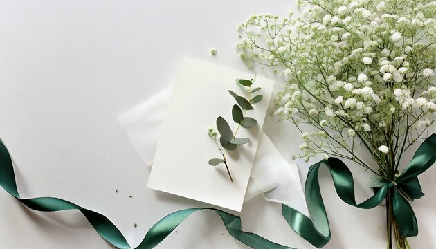 styled stock photo feminine wedding desktop mockup with baby s breath gypsophila flowers dry green eucalyptus leaves satin ribbon and white background empty space top view picture for blog