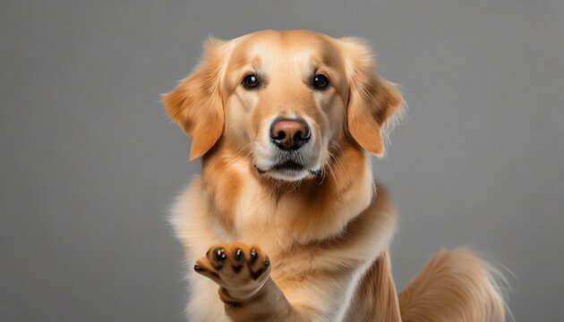 golden retriever dog doing give paw trick on gray background