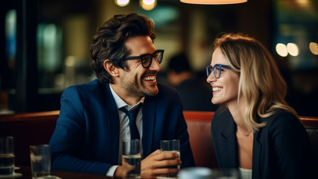image of a handsome 35-year-old businessman and an attractive 30-year-old businesswoman sitting opposite each other in a restaurant and they are in a happy and celebratory mood. 