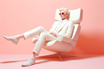 Young beautiful guy albino entrepreneur  sitting in a chair