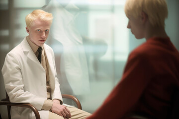 Obraz premium Photography a simplified image of an accomplished man albino doctor therapist in the focus zone helping a patient in the blur zone overcome their problems.