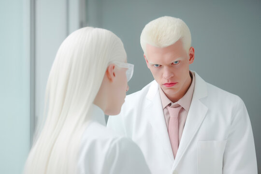 Man albino doctor therapist in the focus zone helping a patient in the blur zone overcome their problems.