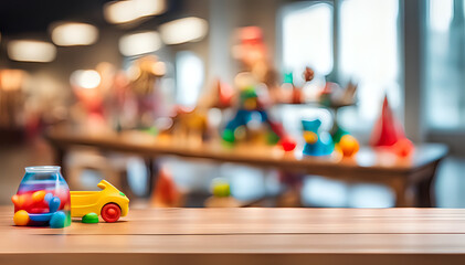 Empty wooden table on abstract toys room store for product presentation - space for a montage showing the product