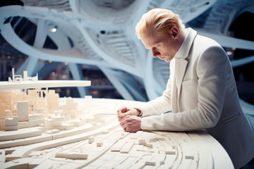 Joyful man albino architect designing a futuristic building