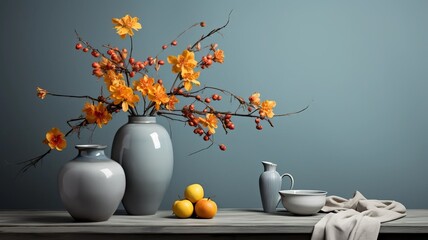 A vase with various flowers inside. The flowers are on the table.