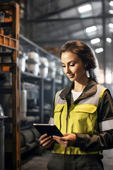 young woman worker engineer in uniform with tablet in her hands in an industrial workshop or manufacture factory