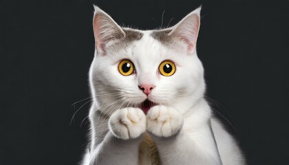 surprised cat covering its mouth with paws no background background