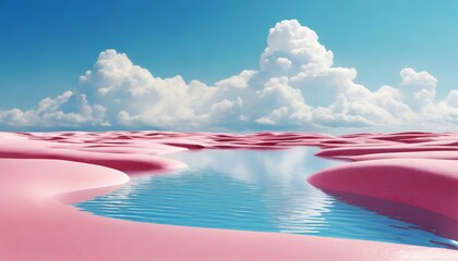 3d render modern abstract minimalist background water in the middle of the pink desert under the...