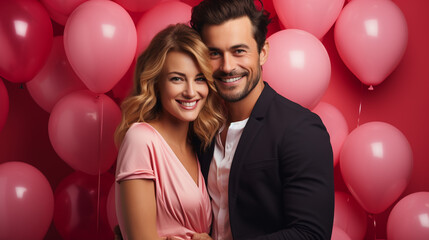 Beautiful couple with heart shaped balloons. Valentine's day concept.  - obrazy, fototapety, plakaty