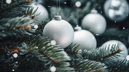 Fototapeta na wymiar christmas tree, snow on branches and christmas toys for pine tree, christmas background