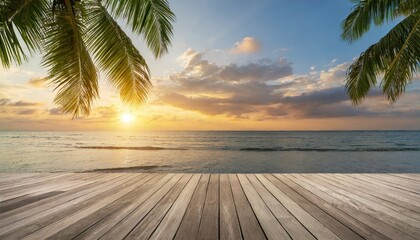 empty wooden floor with tropical sunset beach background generative ai