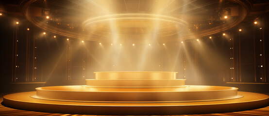 Podium with golden light lamps background. Golden light award stage with rays and sparks