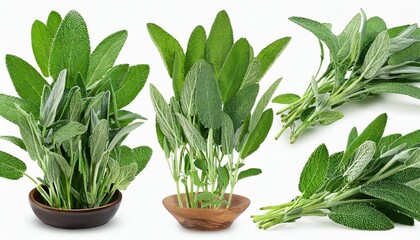 set of fresh sage herb on white background with clipping path full depth of field focus stacking generative ai