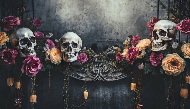 dark moody baroque background for halloween with skulls and flowers