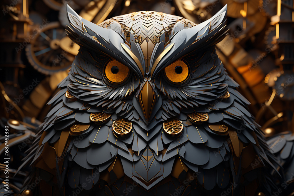 Poster An imaginative rendering of a cubic owl, its wise and watchful eyes set within a charming arrangement of angular shapes.
